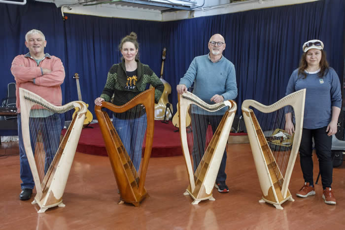 Harp Making students Tony Kilkennt, Pauline O’ Shea, Gerard Griffin and Lidia Pajda with newly made harps